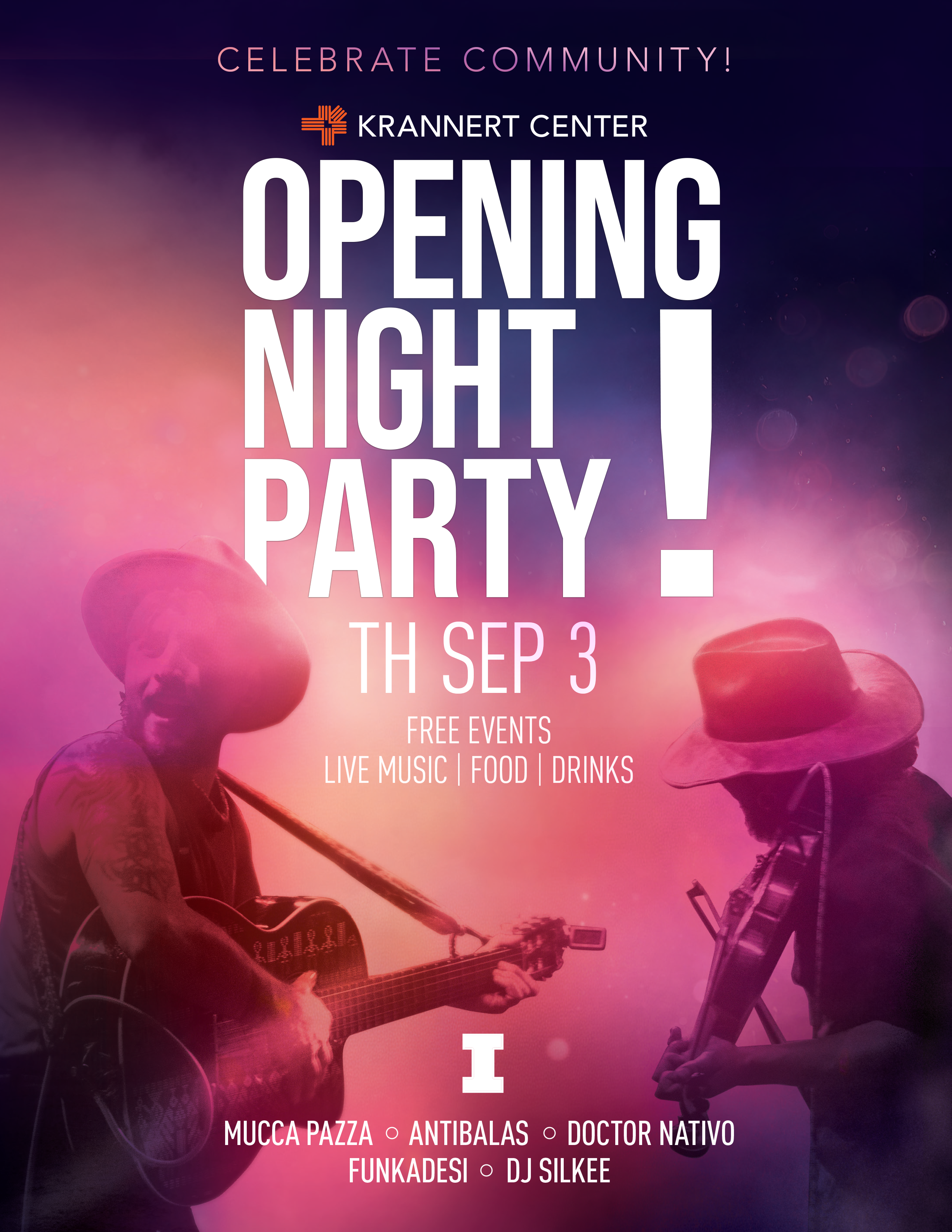 A flyer for Krannert Center's Opening Night Party, featuring two musicians, playing guitar and fiddle.