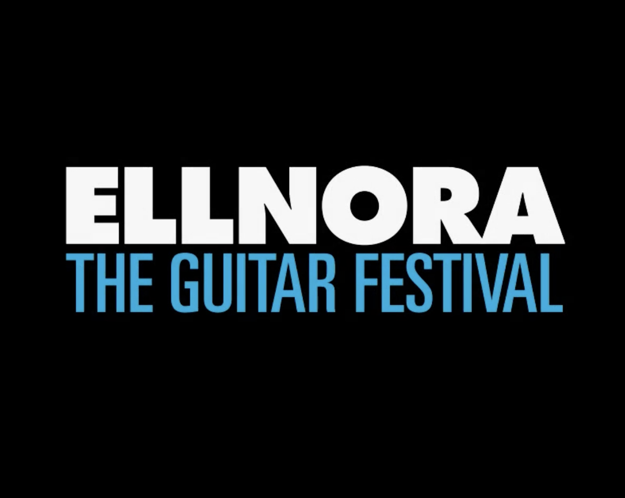 ELLNORA the guitar festival white and blue text on black background