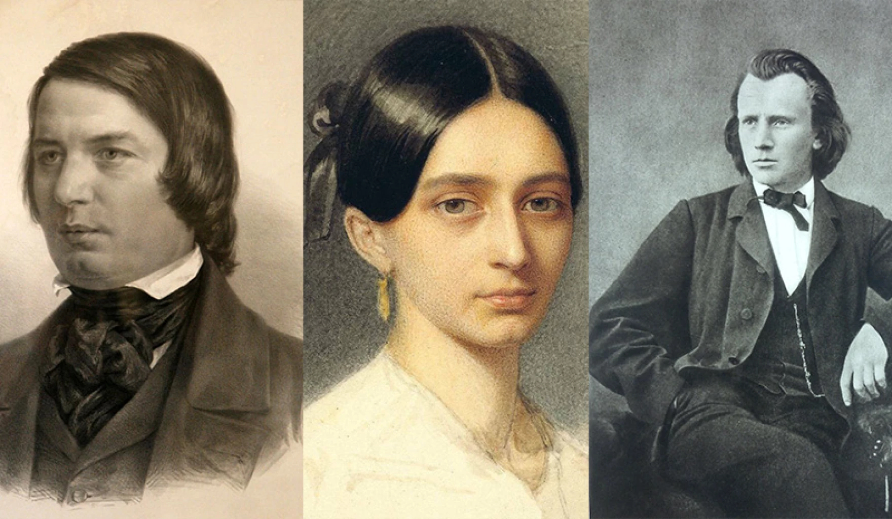 (Left to Right) Robert Schumann, Clara Schumann, and Johannes Brahms