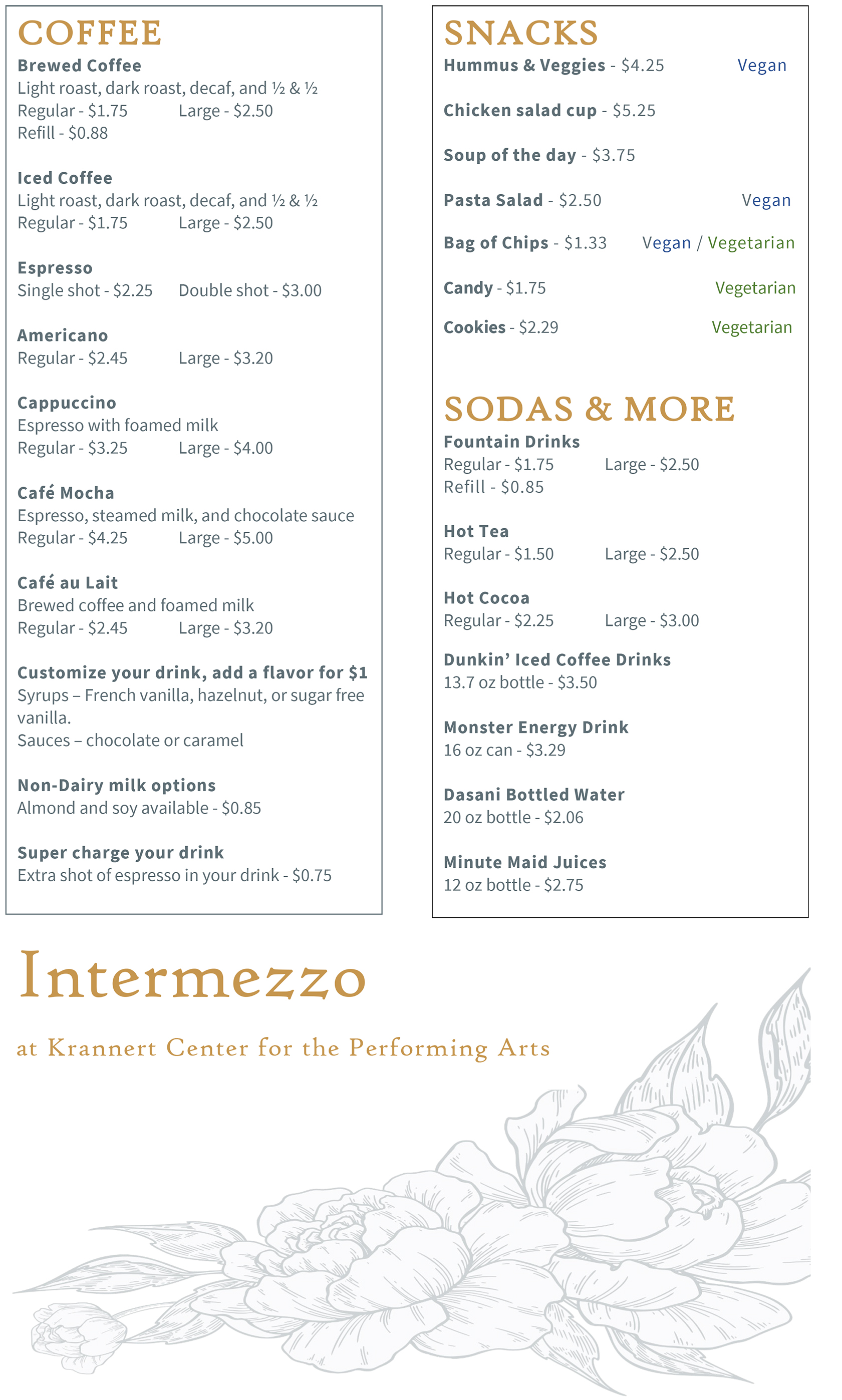 Intermezzo Drinks Menu, featuring coffees, sodas, tea, and cocoa, plus snacks and bottled water