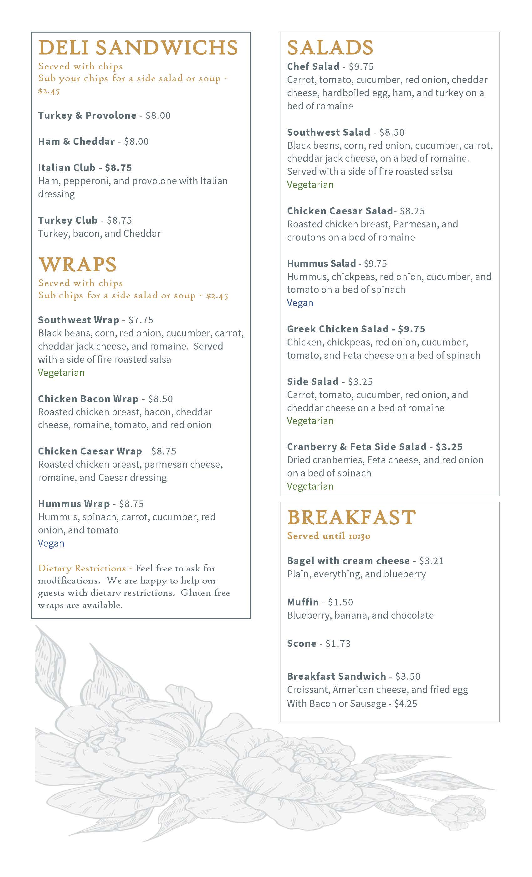 Intermezzo Cafe Daily Menu, featuring sandwiches, salads, and wraps