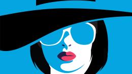 blue and black illustration of a woman in hat and sunglasses