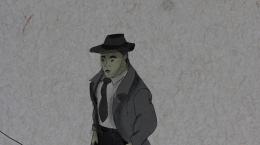 Sketched image of a male-presenting figure in a trench coat and fedora