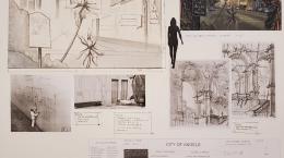 collage style image with illustrations of the Hollywood sign and palm trees, archways, and doors, with notes referencing set design for City of Angels