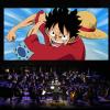 Image of symphony orchestra playing below animated images from the One Piece TV series