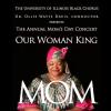 A black woman in a bright pink head wrap smiling, the words Our Woman King  appear over her head